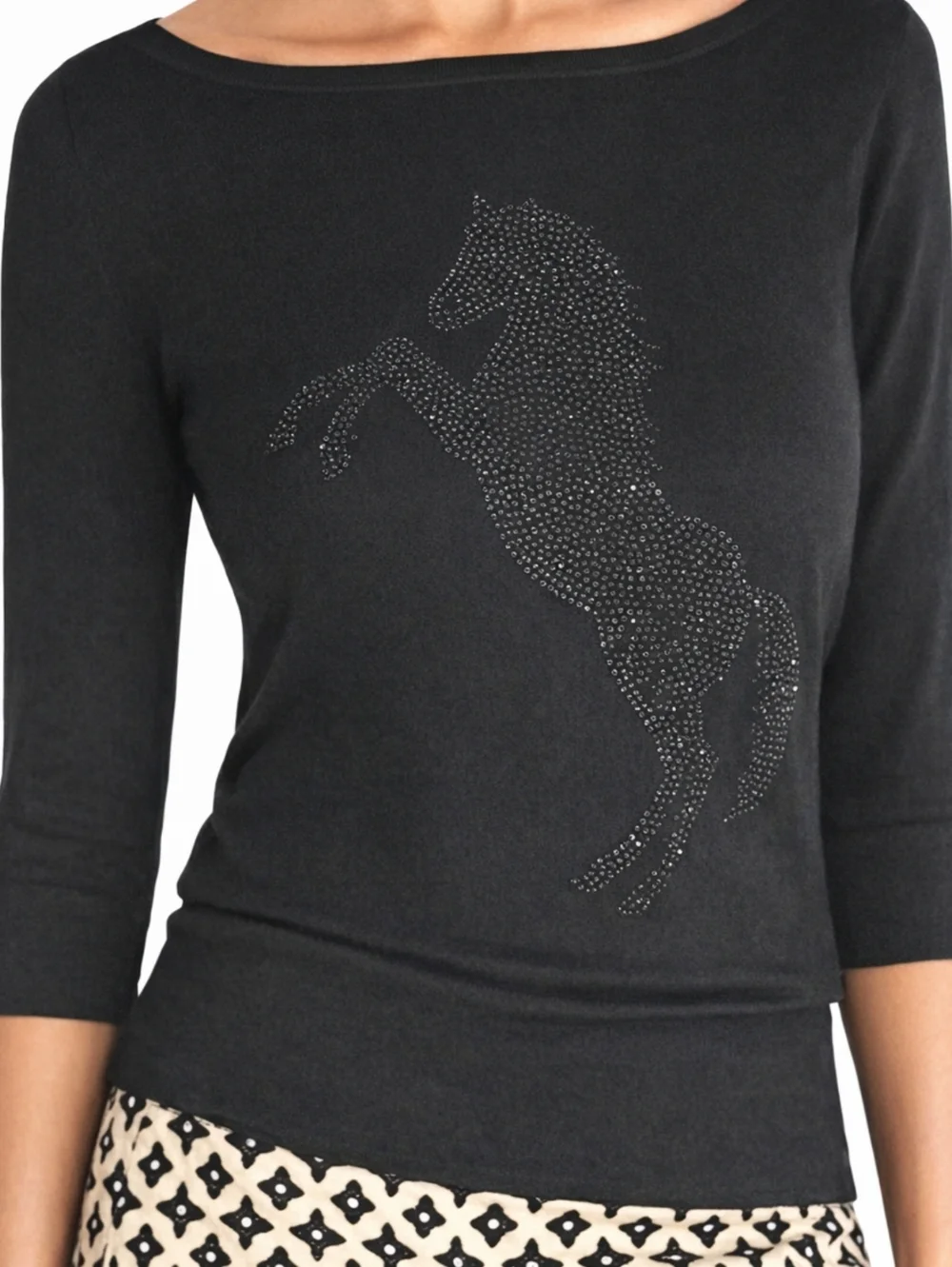 White House Black Market Black Crystal Horse Sweater Jewel Neck Keyhole XS S - Picture 3 of 14
